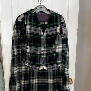 Vintage Scotland Green and white Plaid Wool Vest and Skirt Set